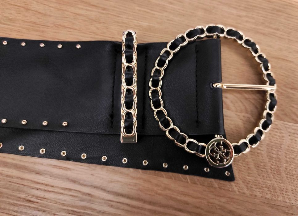 Pasek Guess szeroki 6 cm rozmiar S czarny ćwieki złoto pas taliowy