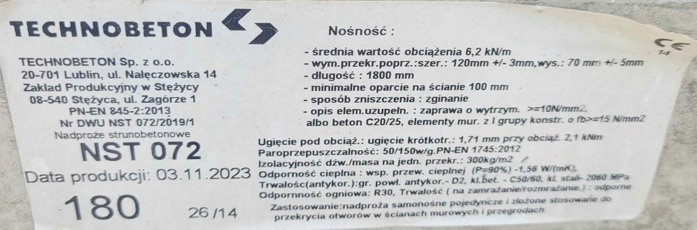 Nadproża strunobetonowe Technobeton 180 NST 072