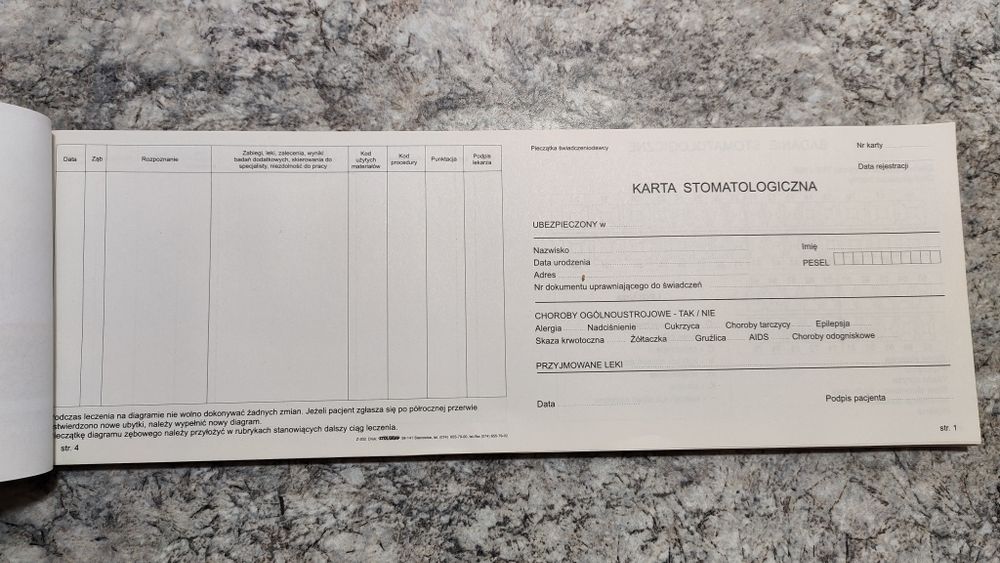 Karta pcjaneta stomatologiczna 1/2 A3