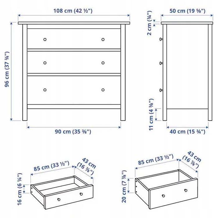 IKEA HEMNES Komoda, 3 szuflady, bejca żółta, 108x96 cm
