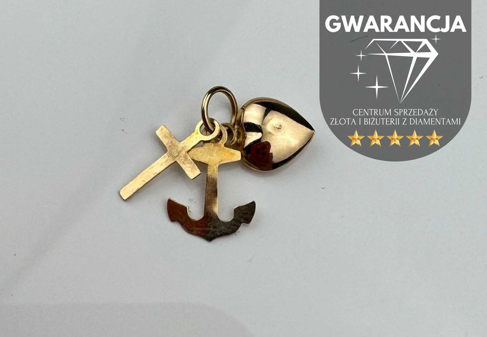 Złota zawieszka "SERCE, KRZYŻ, KOTWICA" | JAK NOWA | 585 | 0.57g