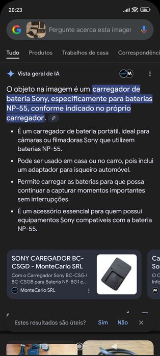 Bateria carregador câmera Sony