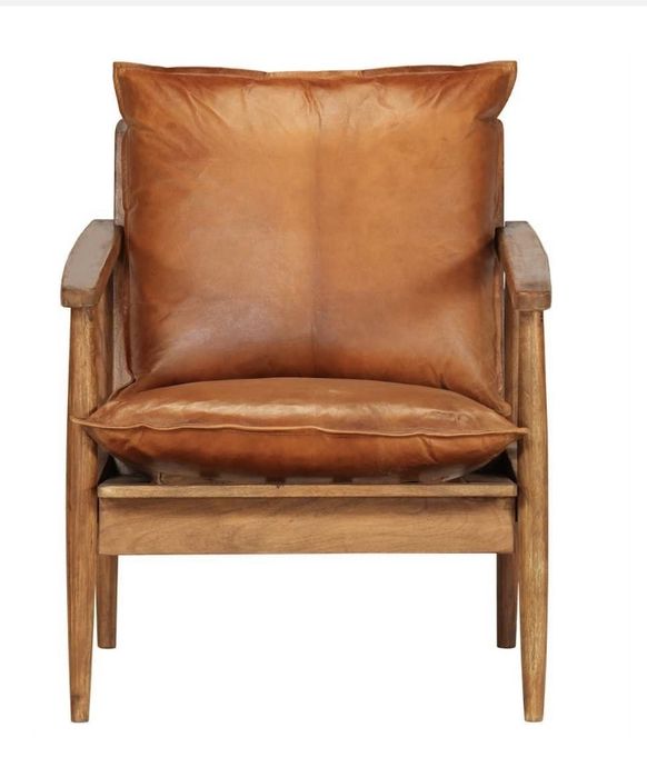 Fotel, brązowy, skóra naturalna i drewno akacjowe