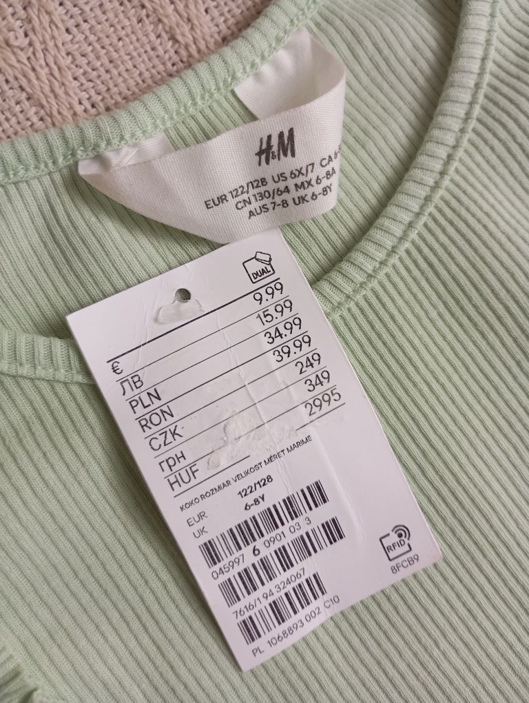 H&M 6-7L nowa miętowa prążkowana sukienka szałwiowa jasno zielona
