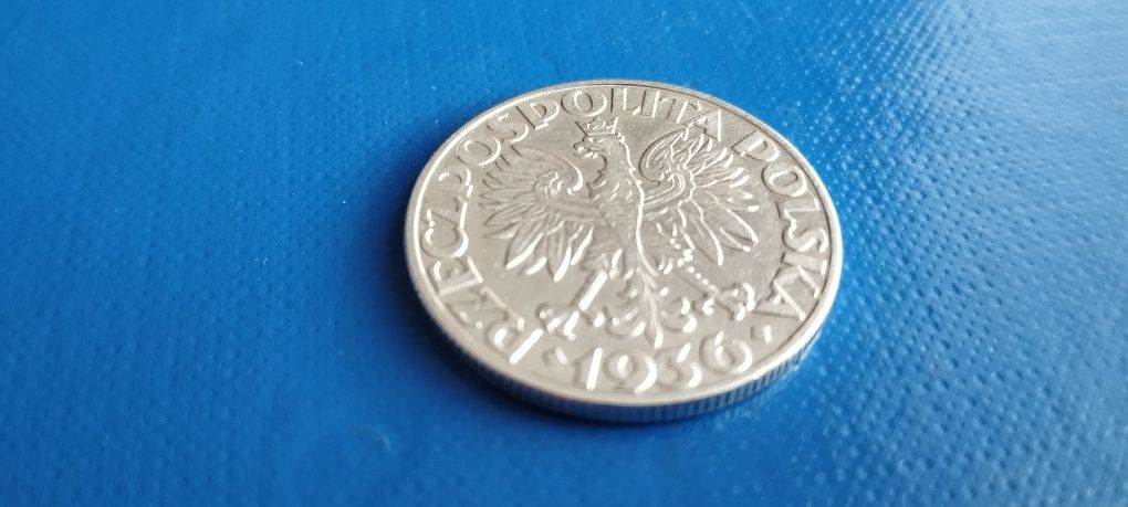 Srebro !  5 złotych Żaglowiec 1936r Ag 750 - ładna !