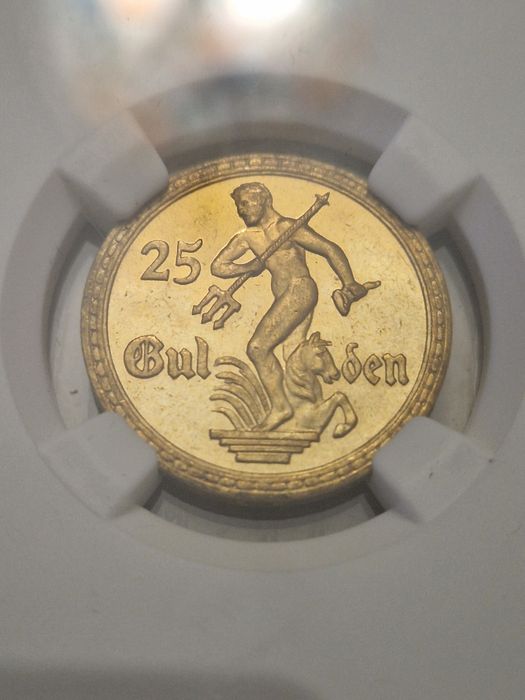 złota moneta 25 guldenów gdańsk danzig ms64+