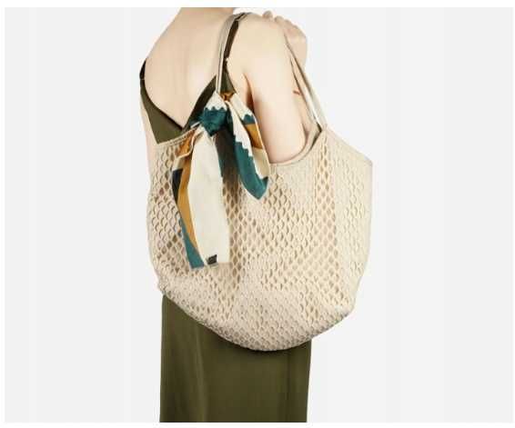 Duża torba letnia apaszka beżowa ażurowa plażowa lato wiosna