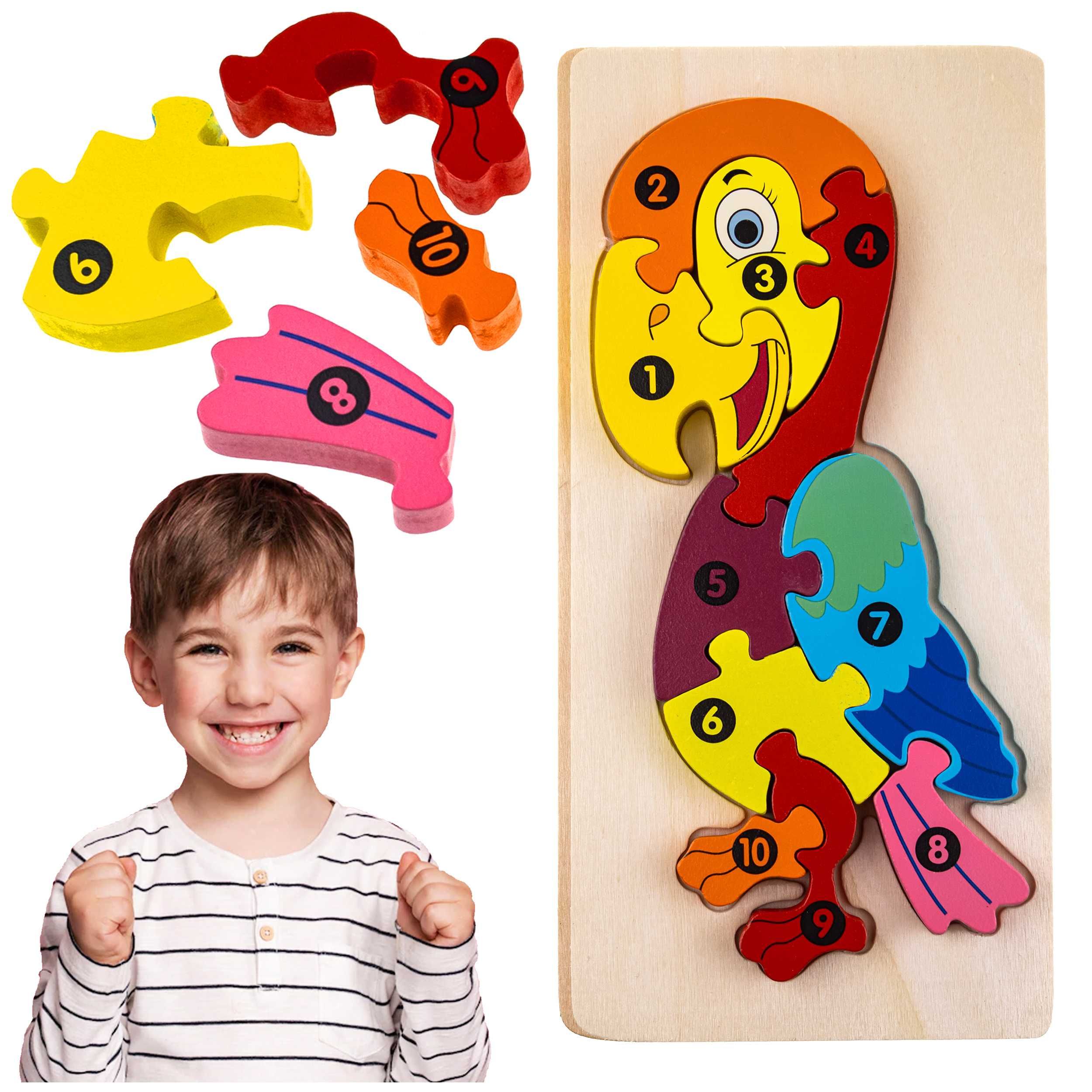 Drewniane puzzle papuga zestaw 12szt NA GIEŁDĘ targ