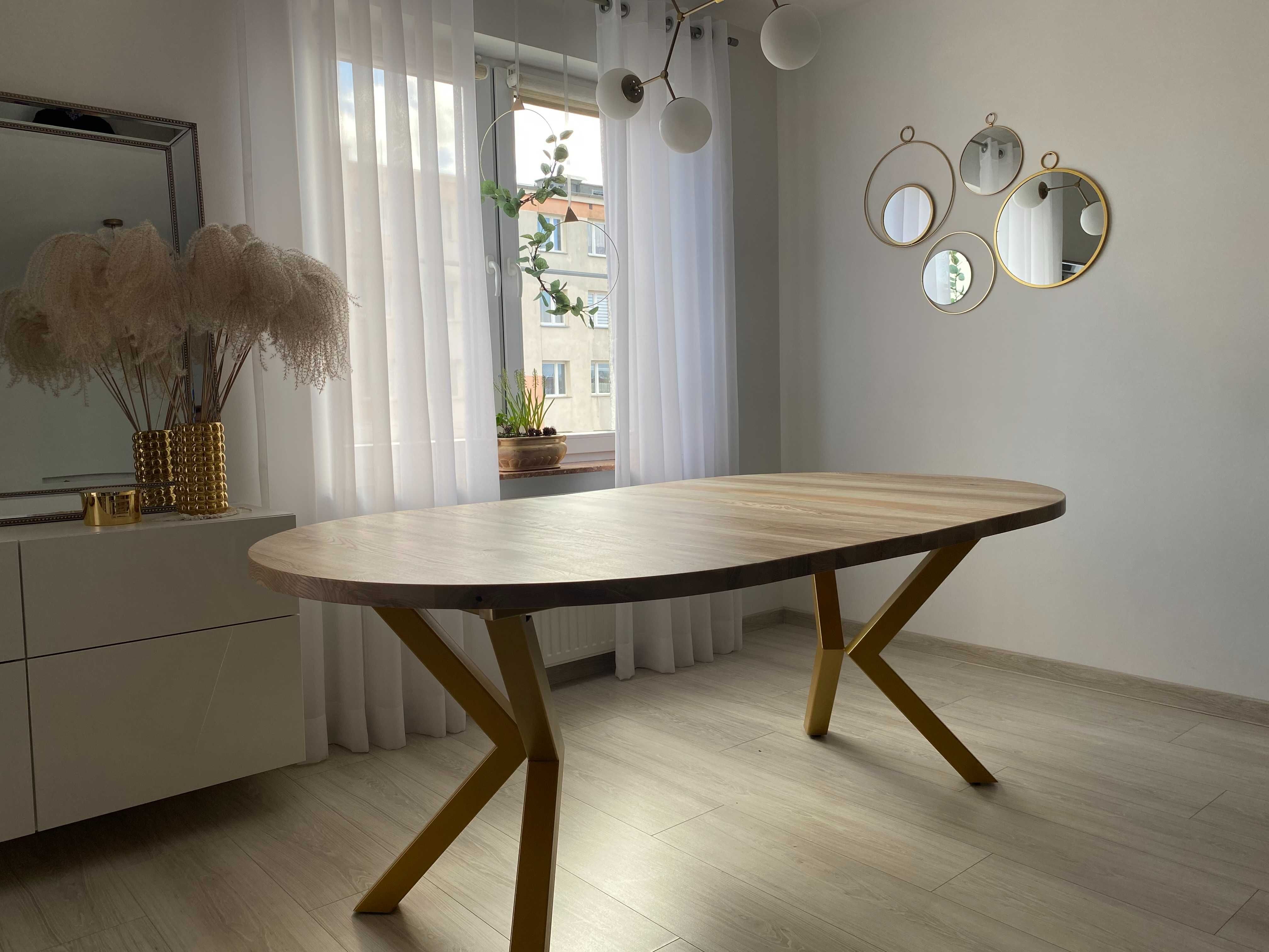 Stół okrągły rozkładany- stół drewniany -złote nogi- glamour - loft