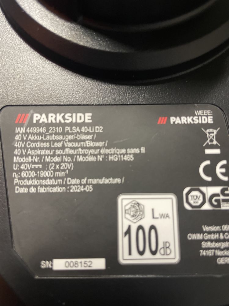 Акумуляторна повітродувка PARKSIDE  40V дуйка