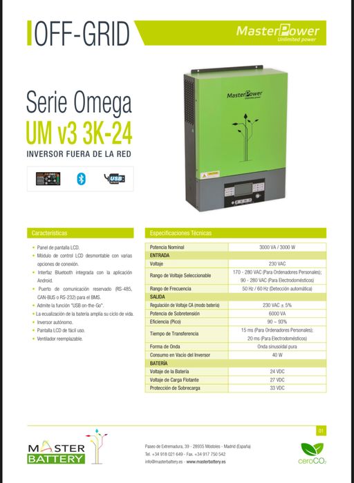Гібридний інвертор 3 кіловати MasterPower Omega UM3KVA2