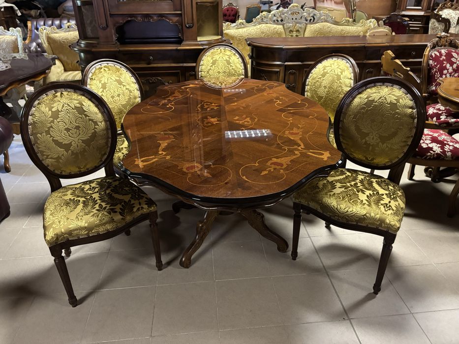 Stylowy Włoski Zestaw Stół 6 Krzeseł Nowa Tapicerka Meble Stylowe ital