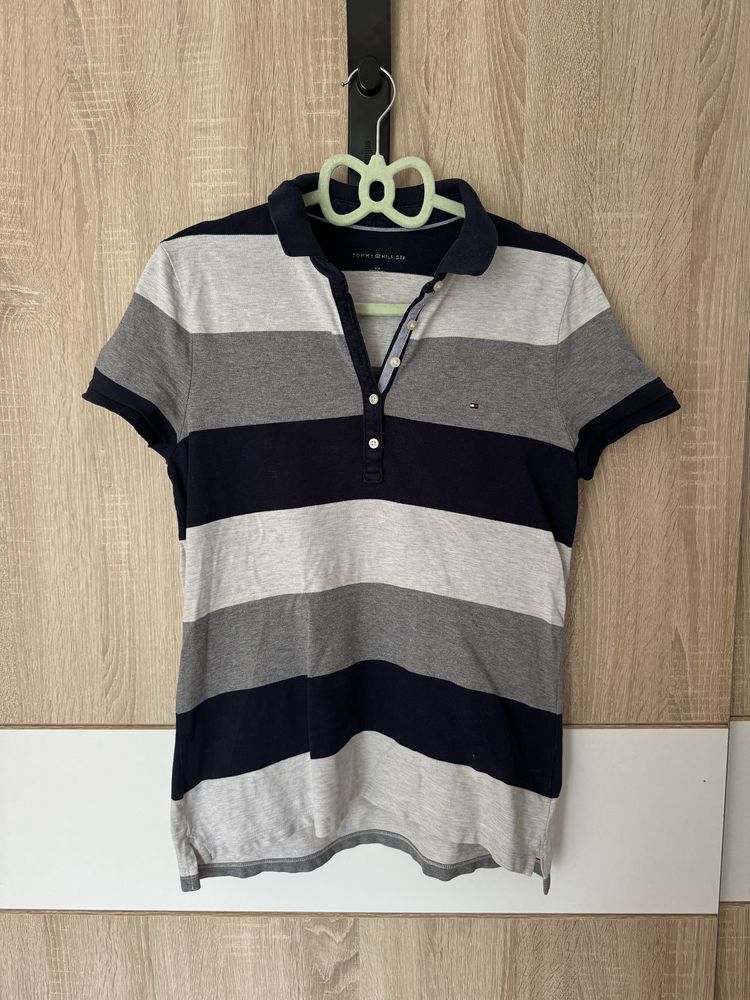 Koszulka Polo Tommy Hilfiger L Damska Old Money logowana Pasy Stripes