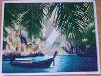 Haft diamentowy gotowy, dekoracja ściany, łódka, palmy, egzotyka