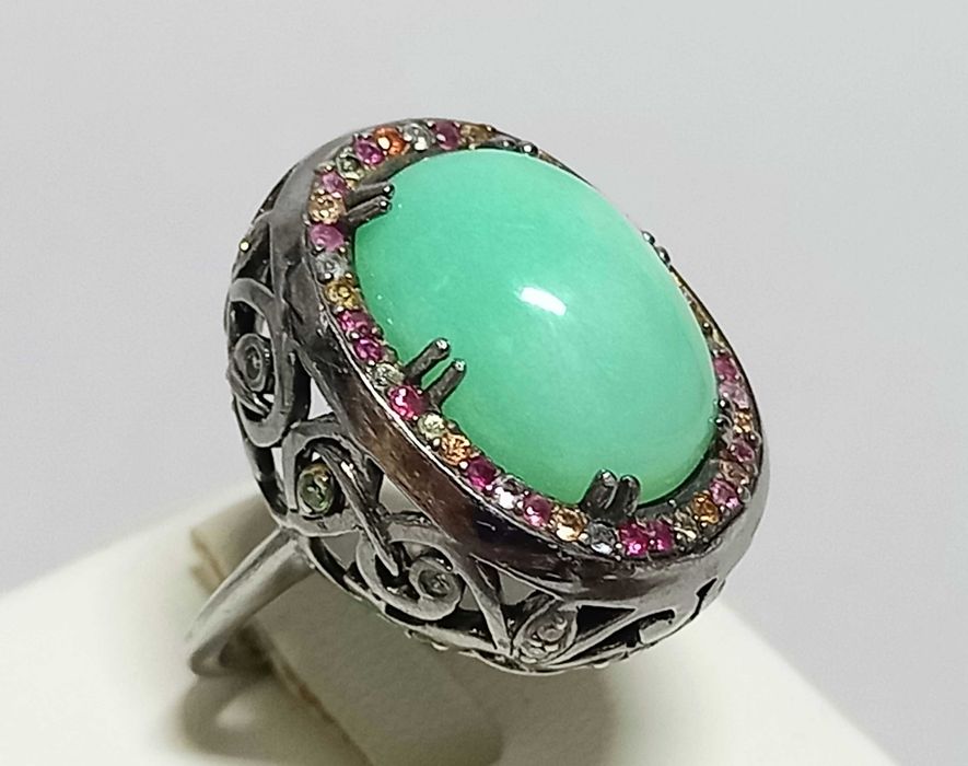 Biżuteria dawna, pierścionek, awenturyn, szafiry, diamenty, srebro 925