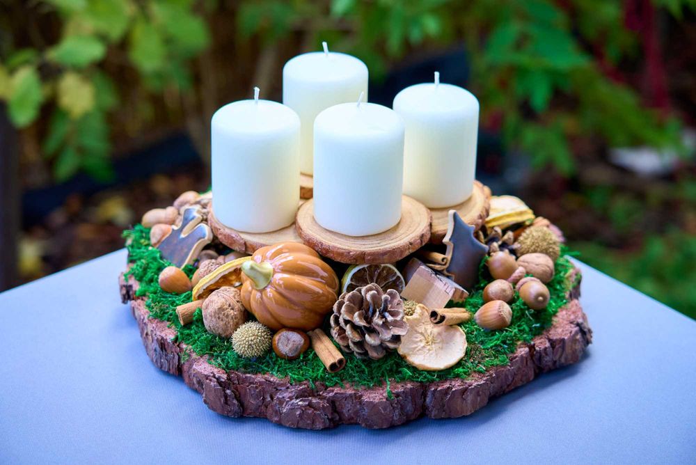 Dekoracja/stroik/świecznik jesienny na plastrze drewna z el. ceramiki