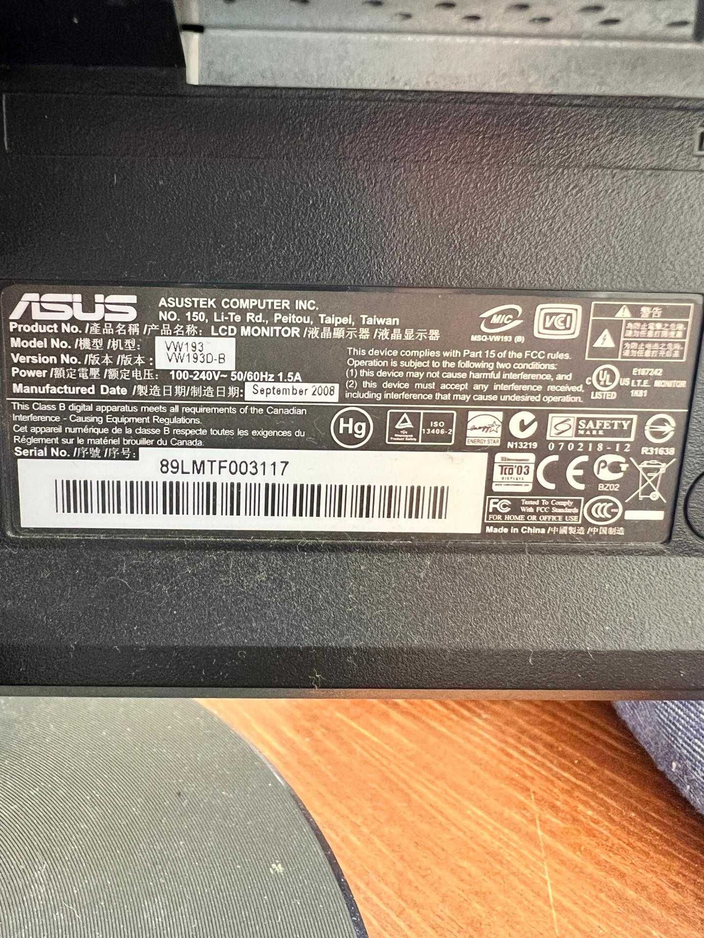 Monitor Asus VW193D-B 19 polegadas