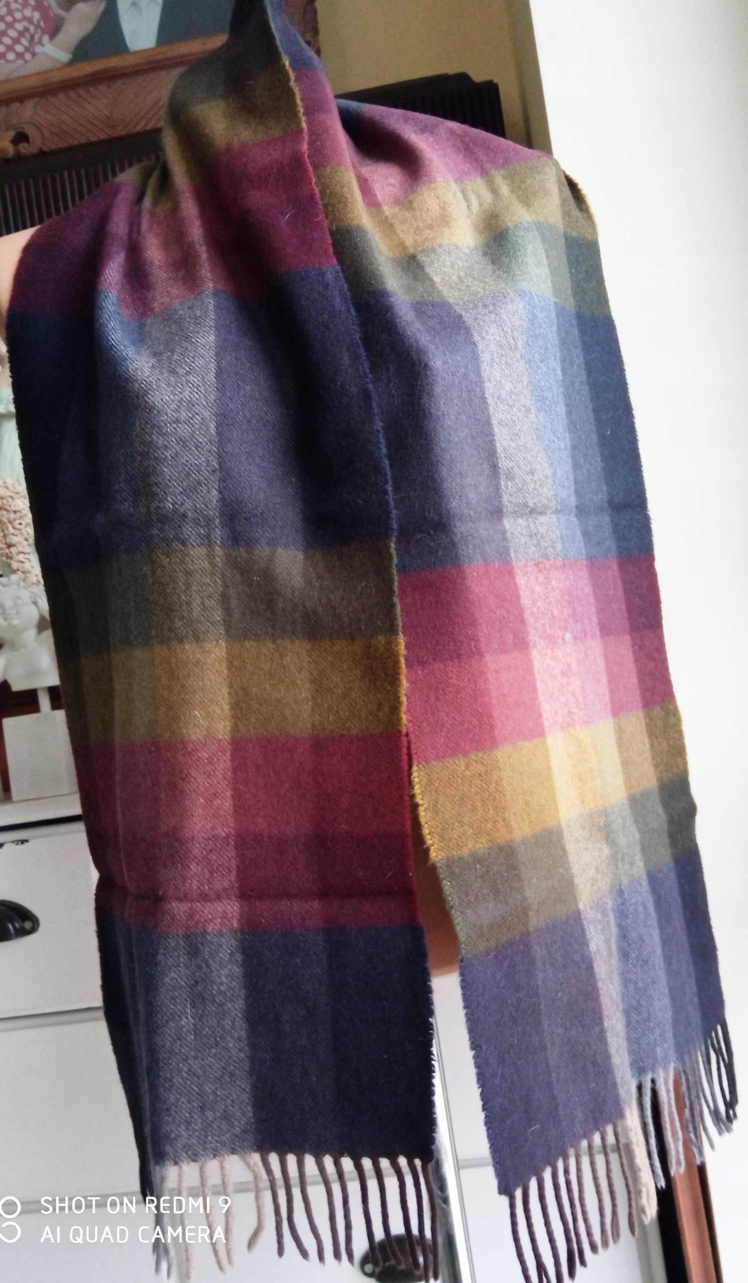 Cashmere 100% kaszmir milutki szal krata khaki burgund 175x29 cm