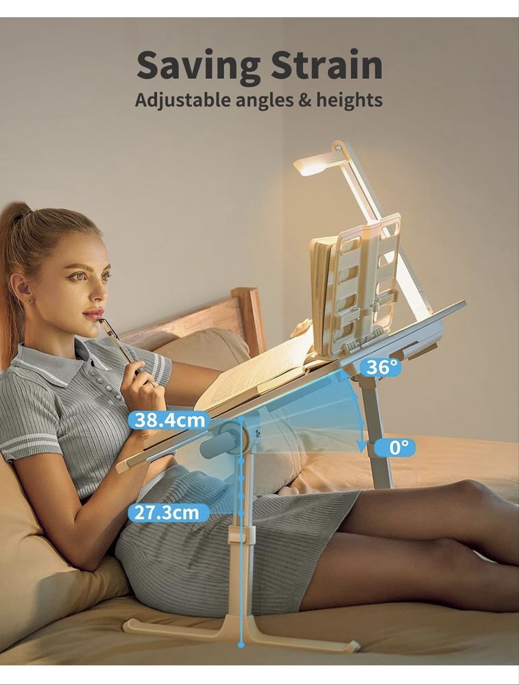 SAIJI stolik pod laptopa, stolik do łóżka z lampą LED