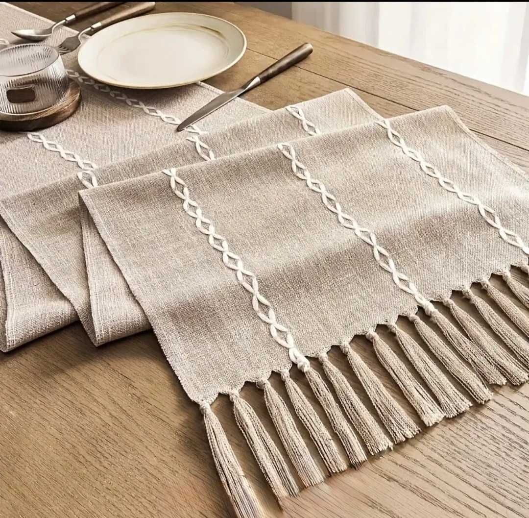 Obrus | Bieżnik na stół 160x30 boho beżowy z frędzlami – dekoracja