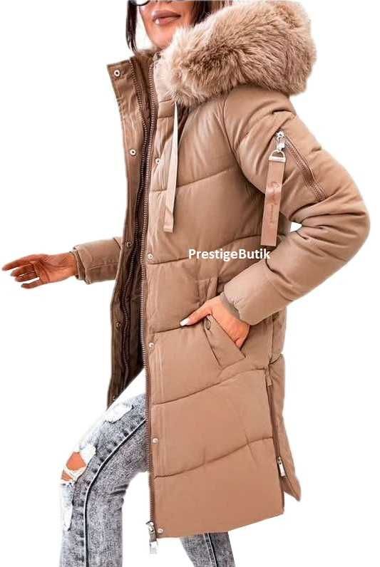 Pikowana puchowa zimowa kurtka płaszcz CAMEL jenot  futro zamki XXL