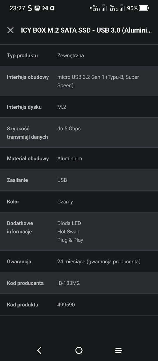 Obudowa ICY BOX M.2 SATA SSD - USB 3.0 (Aluminium, do 5 Gbps)