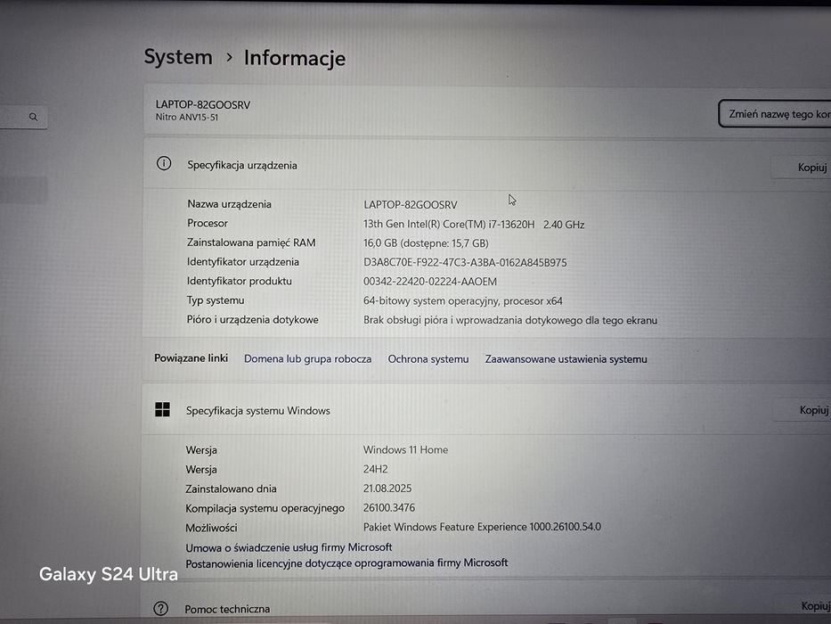 A Er nitro 15 i7 13620H 16 ram RTX 4050 do gier stan bdb