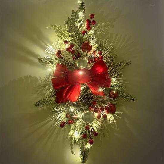 Stroik świąteczny z kokardą i bombkami świecący 60 cm SREBRNO CZERWONY