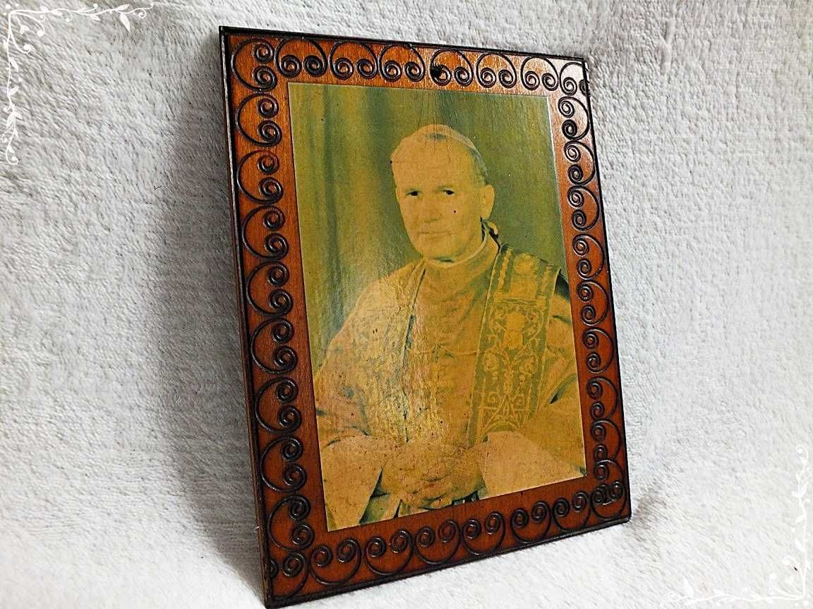 Stary mały obrazek w drewnie Święty Jan Paweł II Papież