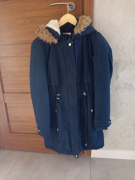 Kurtka zimowa granatowa damska długa ocieplana typu parka