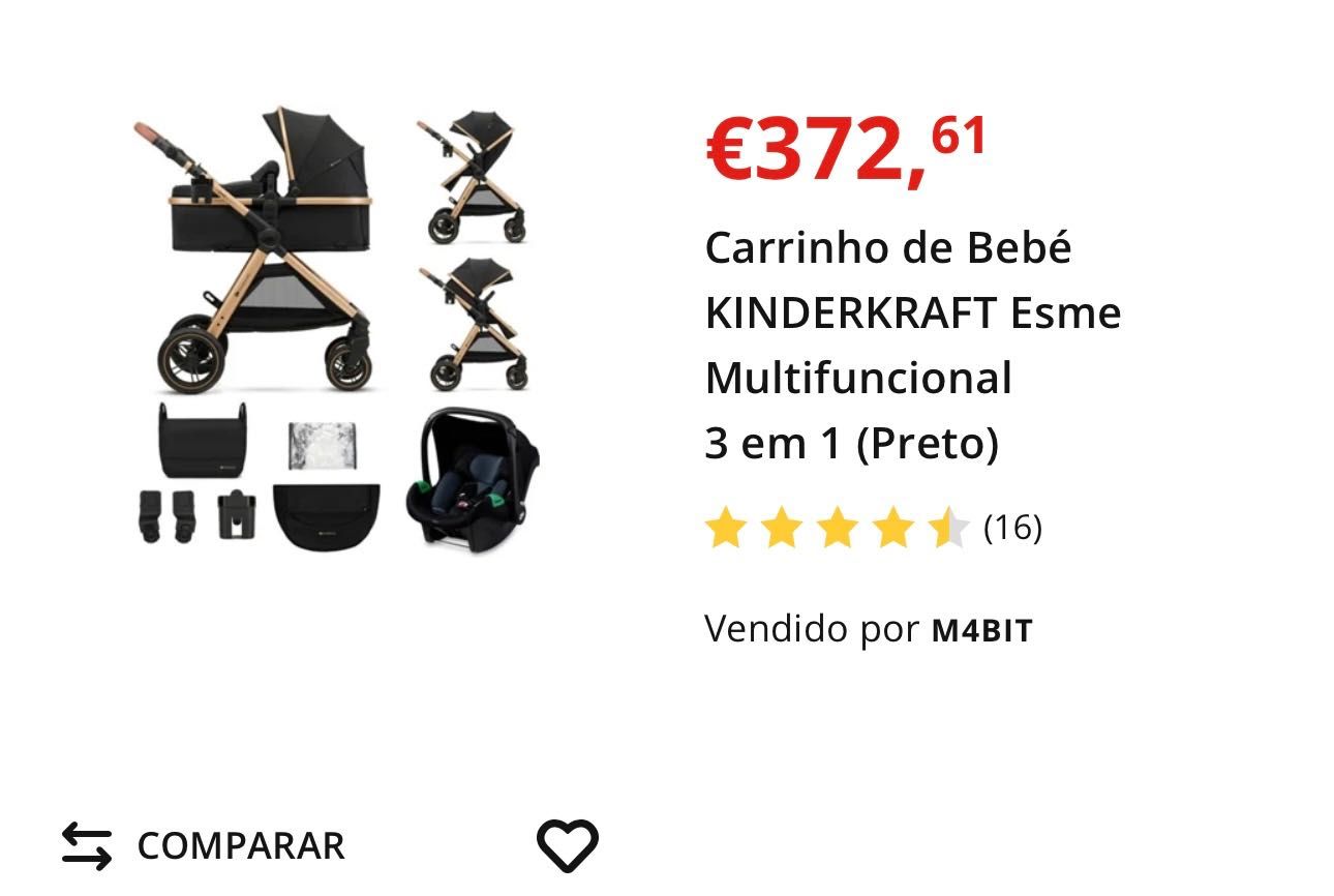 Carrinho Trio de Bebé – Kinderkraft Preto SEM OVO mas tem alcofa