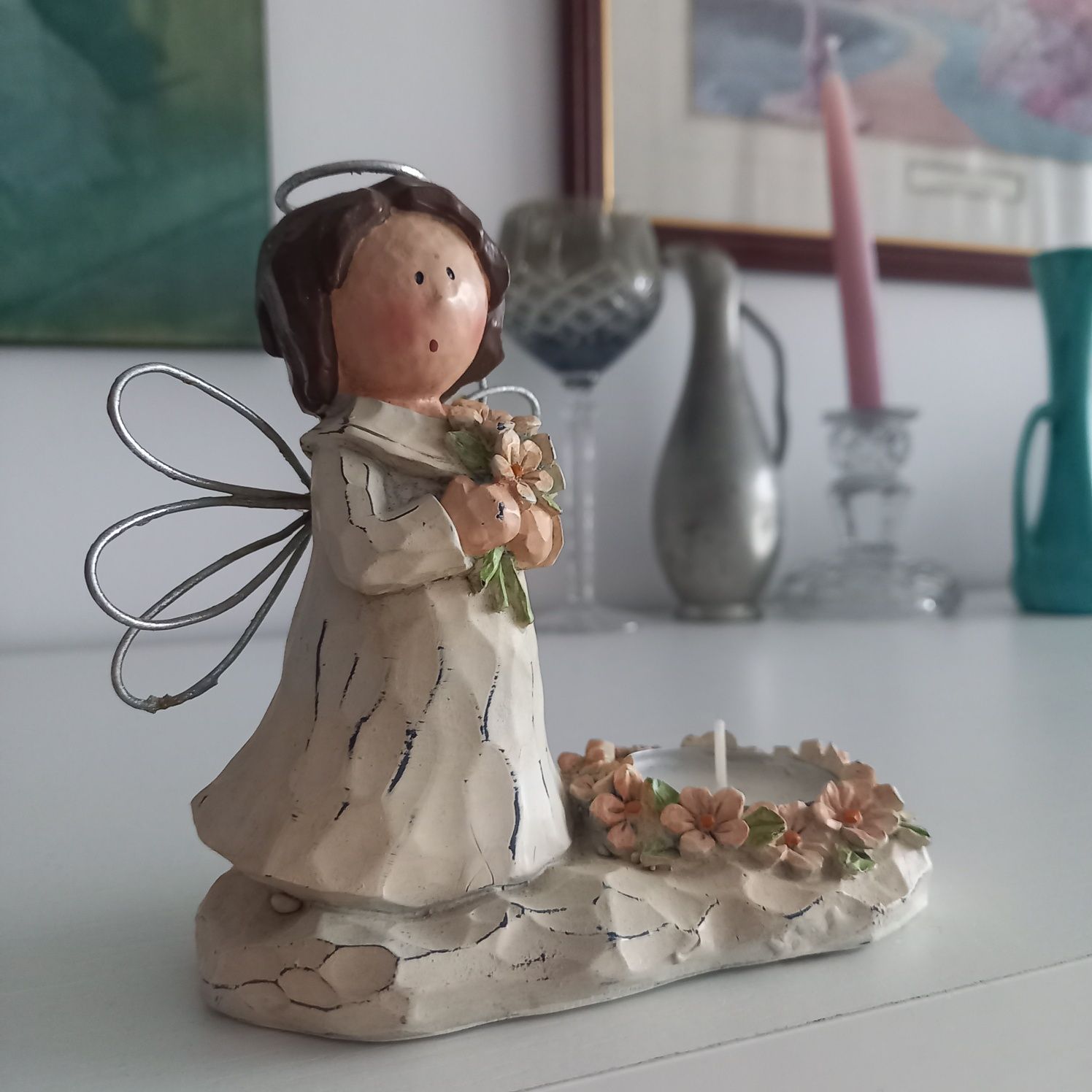 Anioł i świecznik na tealight figurka ceramiczna vintage aniołek