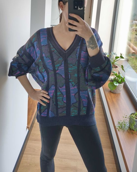 Adidas vintage sweter wzorzysty granatowy fioletowy oldschool