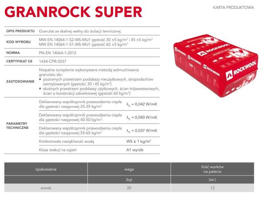Wełna skalna granulat ROCKWOOL GRANROCK SUPER lambda 0,037 opak.= 20Kg