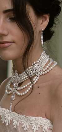 Набір з перлин весільний рококо бароко буси і сережки колье чокер