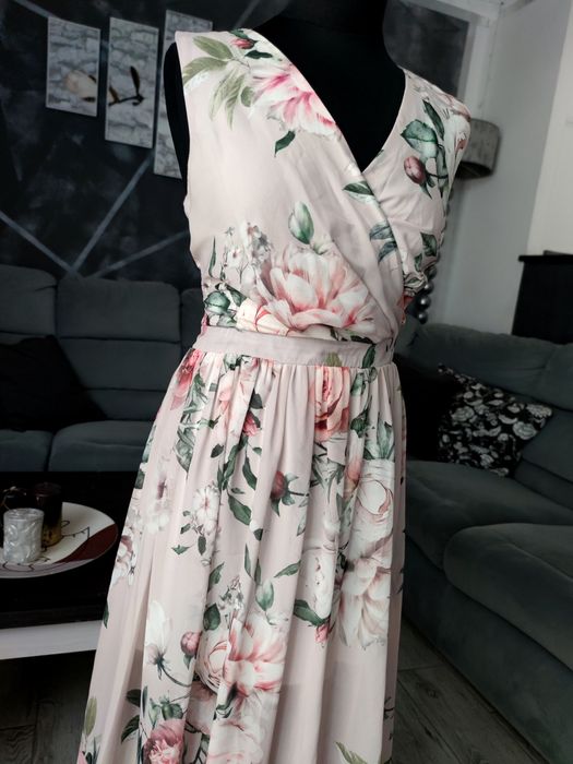 Długa maxi suknia sukienka wizytowa elegancka w kwiaty 40 l śliczna