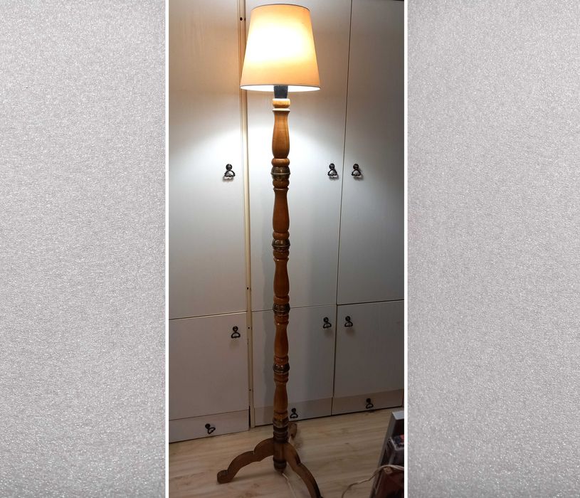 Lampa stojąca drewniana podłogowa, sprawna RETRO z PRLu