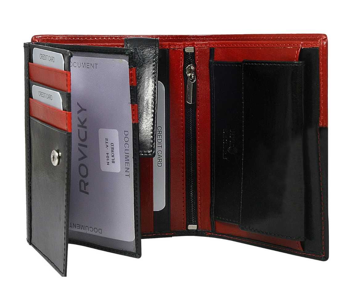 Skórzany portfel męski ROVICKY pionowy ze skóry D104L-VT2 BLACK-RED
