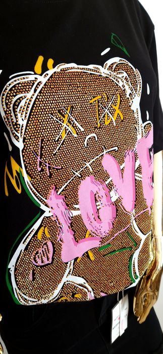 Bawełniany T-Shirt z Aplikacją Cyrkonie dżety miś love M L 38 40 Mint