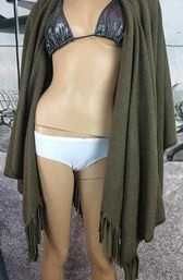 Pled narzutka poncho peleryna khaki Fala oversize frędzle