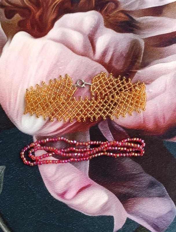 Komplet bransoletek z koralików handmade złoty różowy toho vintage