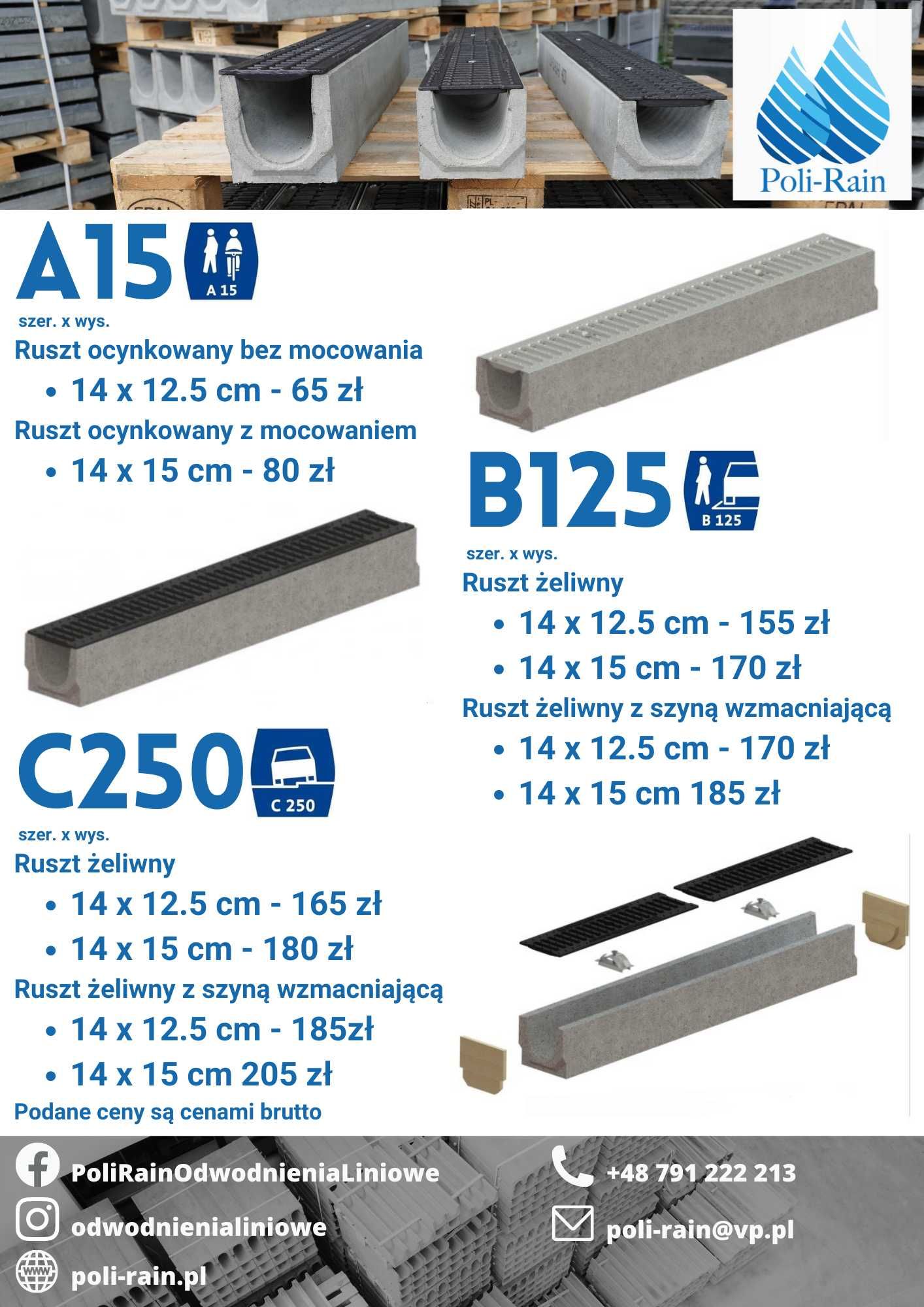 KANAŁ ODWODNIENIE LINIOWE B125 14x12.5 Betonowe Żeliwo Korytko