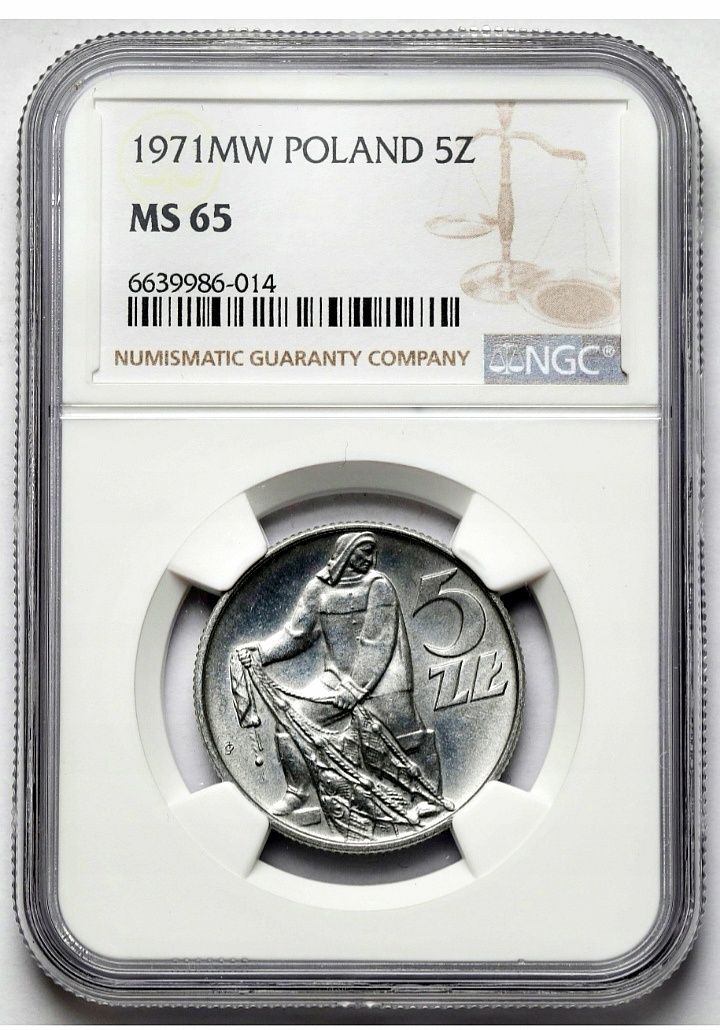 Moneta obiegowa prl 5 zł z rybakiem 1971r NGC