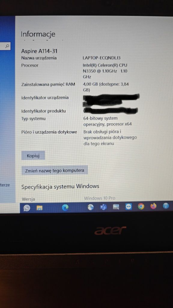 Laptop Acer Aspire A114-31-C7W5 Windows 10 pro