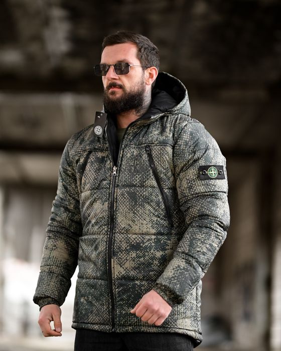 Чорна/Хакі тепла зимова чоловіча двостороння куртка Stone Island