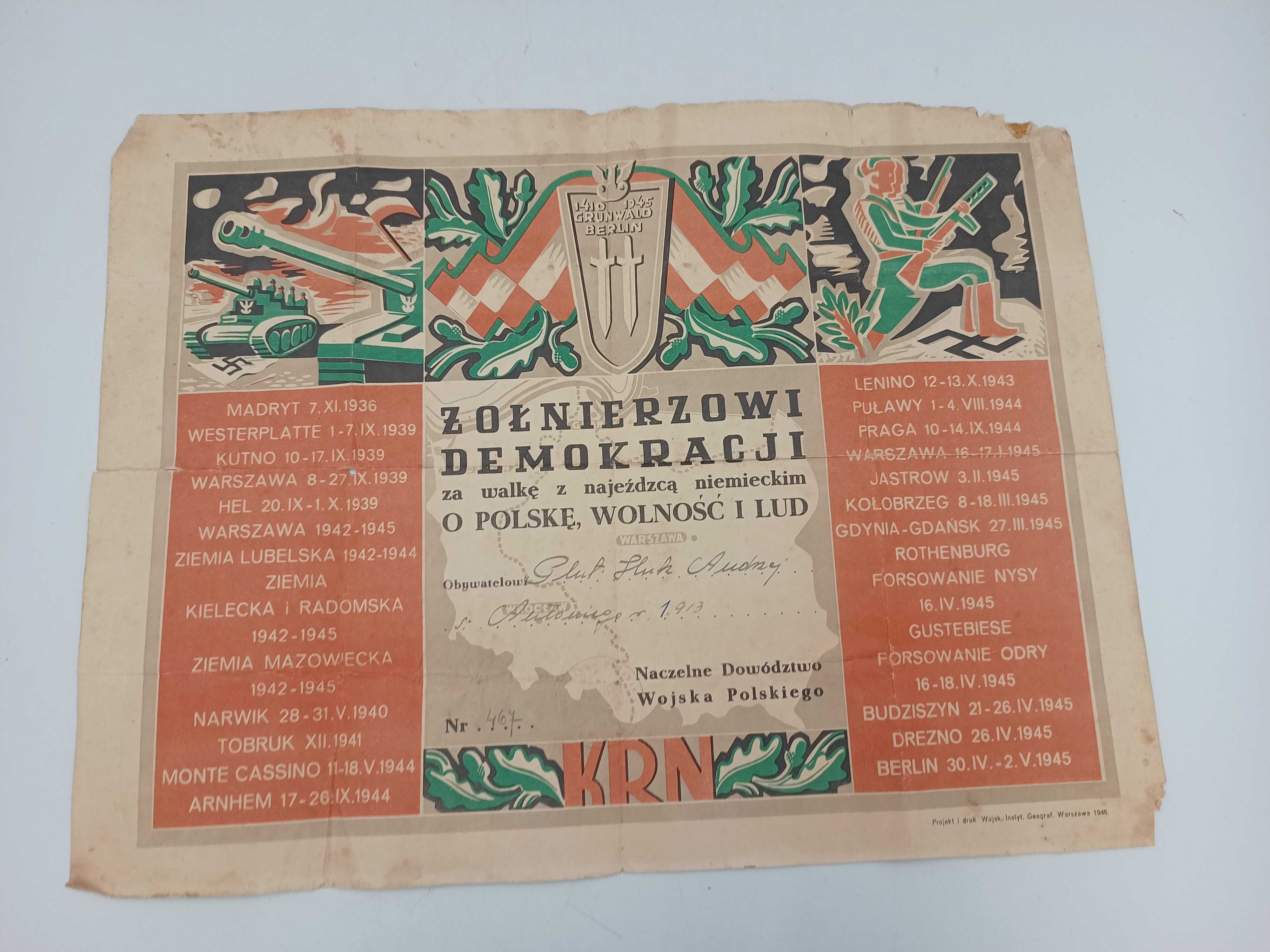 Dyplom Żołnierzowi Demokracji za walkę z najeźdźcą niemieckim
