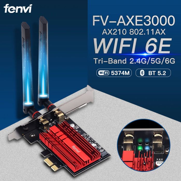 Intel AX210 Fenvi Wi-Fi 6E 802.11AX, PCIe, 5374 Мбит/с, 2,4G/5G/6 ГГц