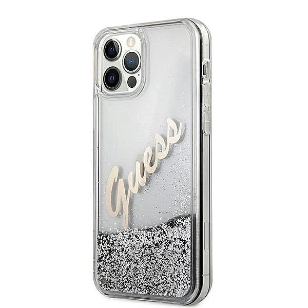 Etui Guess Glitter Vintage Script na iPhone 12 Pro Max - srebrne