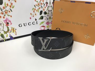 Louis Vuitton męski dwustronny pasek czarny szare logo skóra