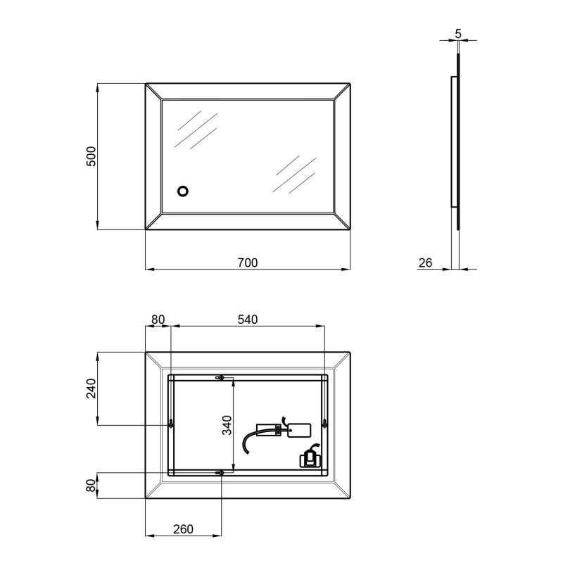 Дзеркало Aries настінне прямокутне, LED touch switch, 500х700 мм Qtap